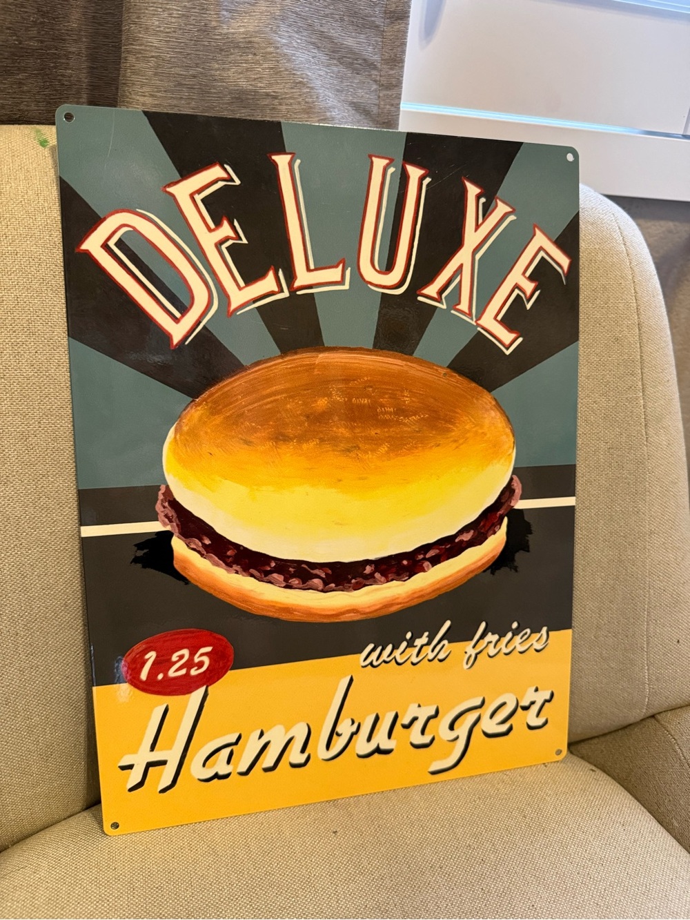Retro 'Deluxe Hamburger' Metal Sign - Yellow & Teal